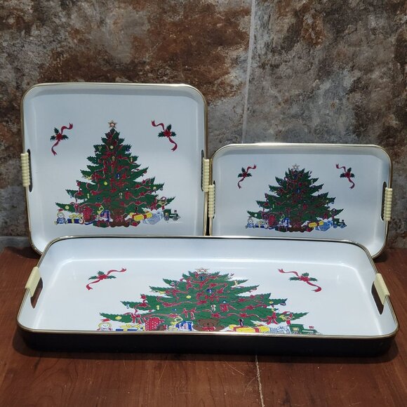 3 Piece Lacquered Tray Set Christmas Tree Scene Handled Lightweight Serving Tray - Picture 5 of 12